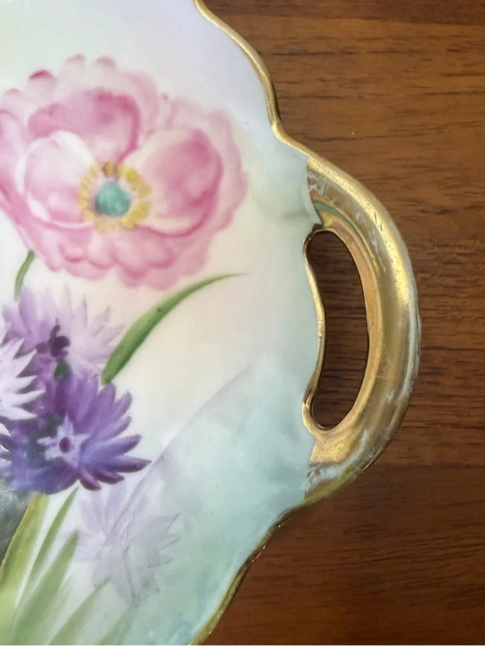 Vintage Nippon Hand Painted Red Floral Porcelain Plate Green Crown Scallop Edge